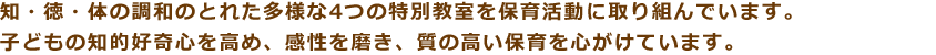 知・徳・体の調和のとれた多様な4つの特別教室を保育活動に取り組んでいます。
                子どもの知的好奇心を高め、感性を磨き、質の高い保育を心がけています。